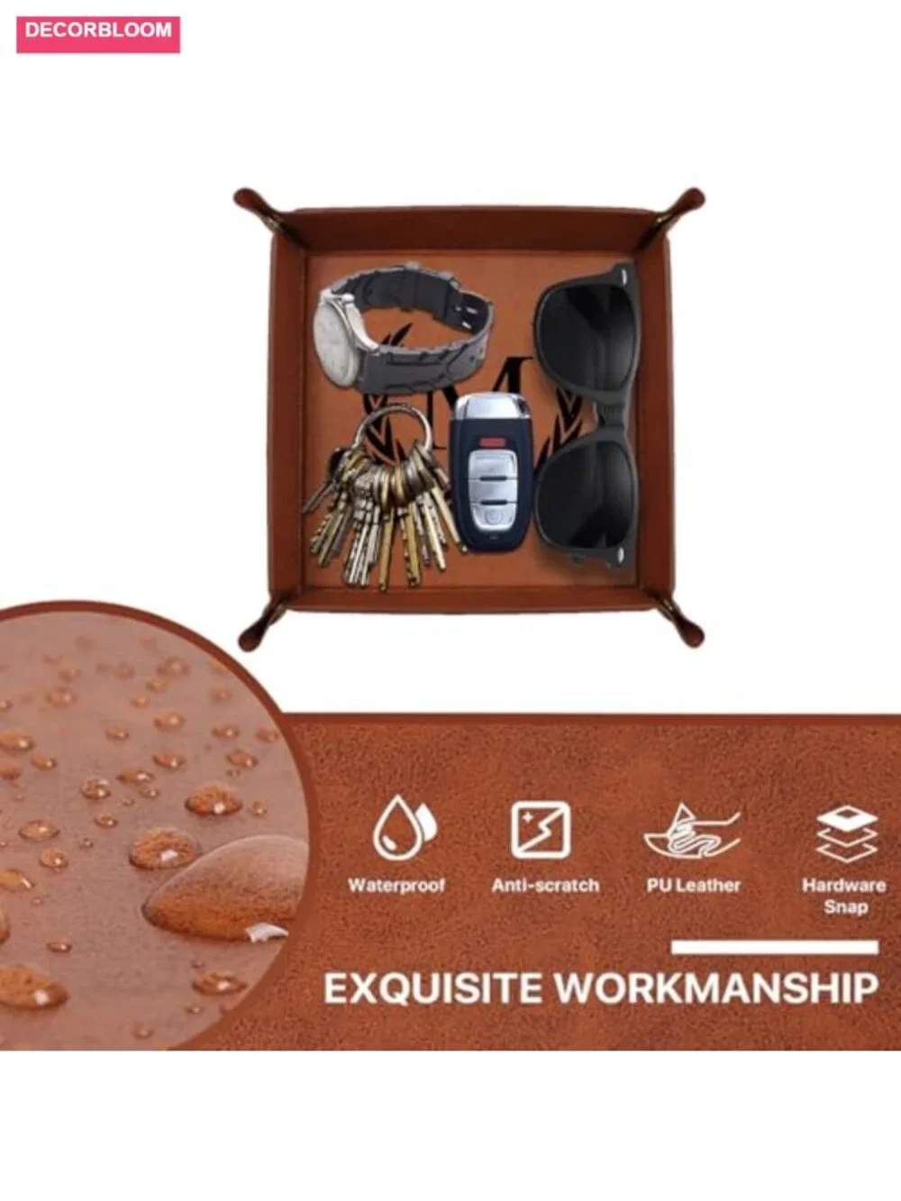 Personalized PU Leather Valet Tray - Laser Engraved Initials Key & Watch
